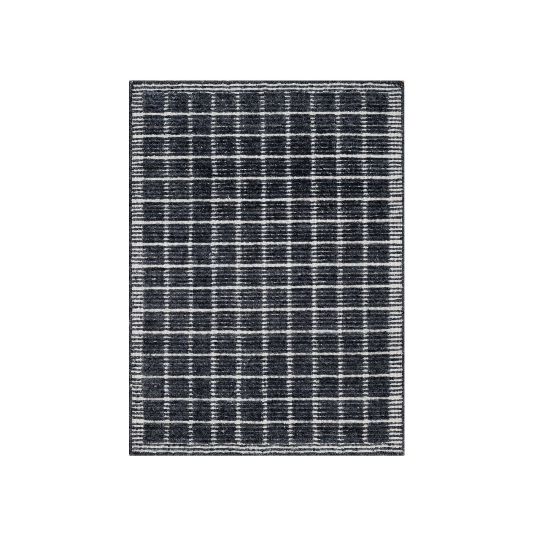 2'3"x3'1" Charcoal Black, Modern, Natural Wool Box Design with Plain Decor, Loomed Knotted, Mat, Oriental Rug 